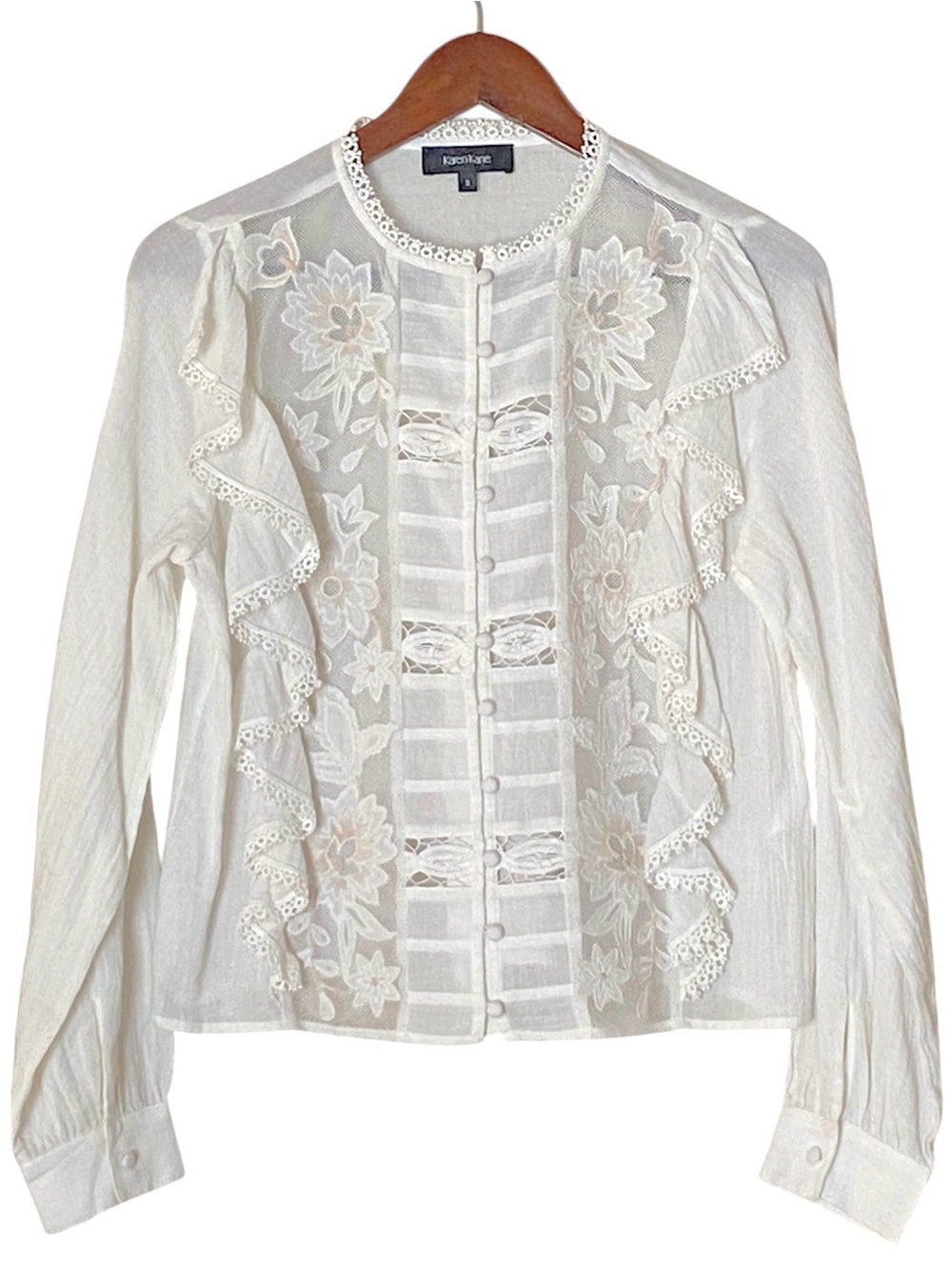 Karen Kane Embroidered Lace Ruffle White Long Sleeve Blouse Size Small